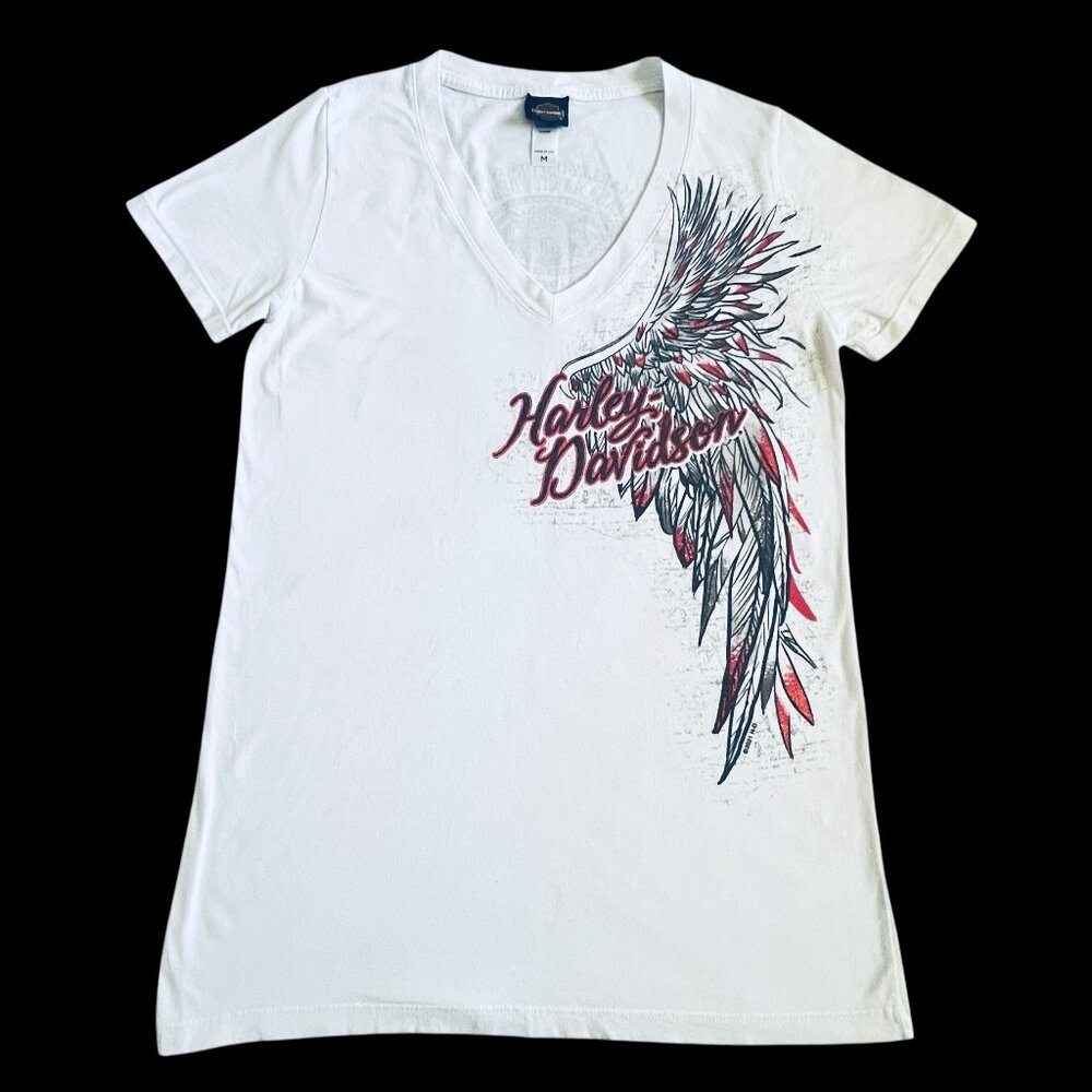 Harley-Davidson Dealer Tee Womens M Panama City Beach Moto‎ Chic Angel Wing